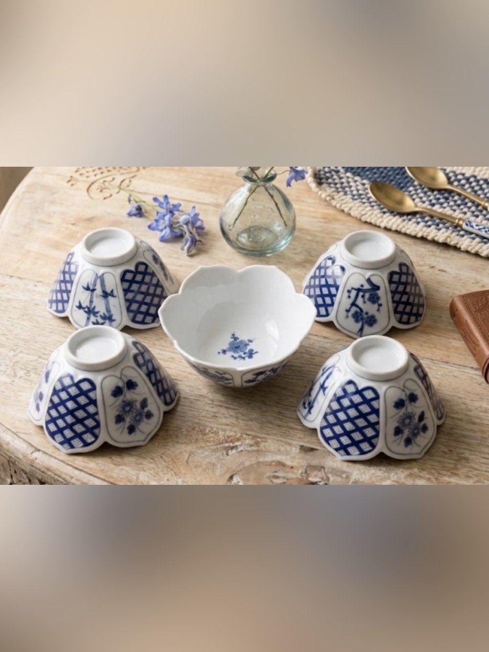 Blue White Porcelain Scalloped Lotus Bowls Vintage Style Grandmillennial Dish